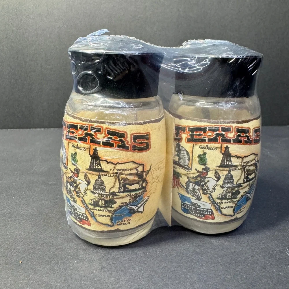 Texas Lone Star State Souvenir Salt and Pepper Shakers Map Graphic NEW Sealed